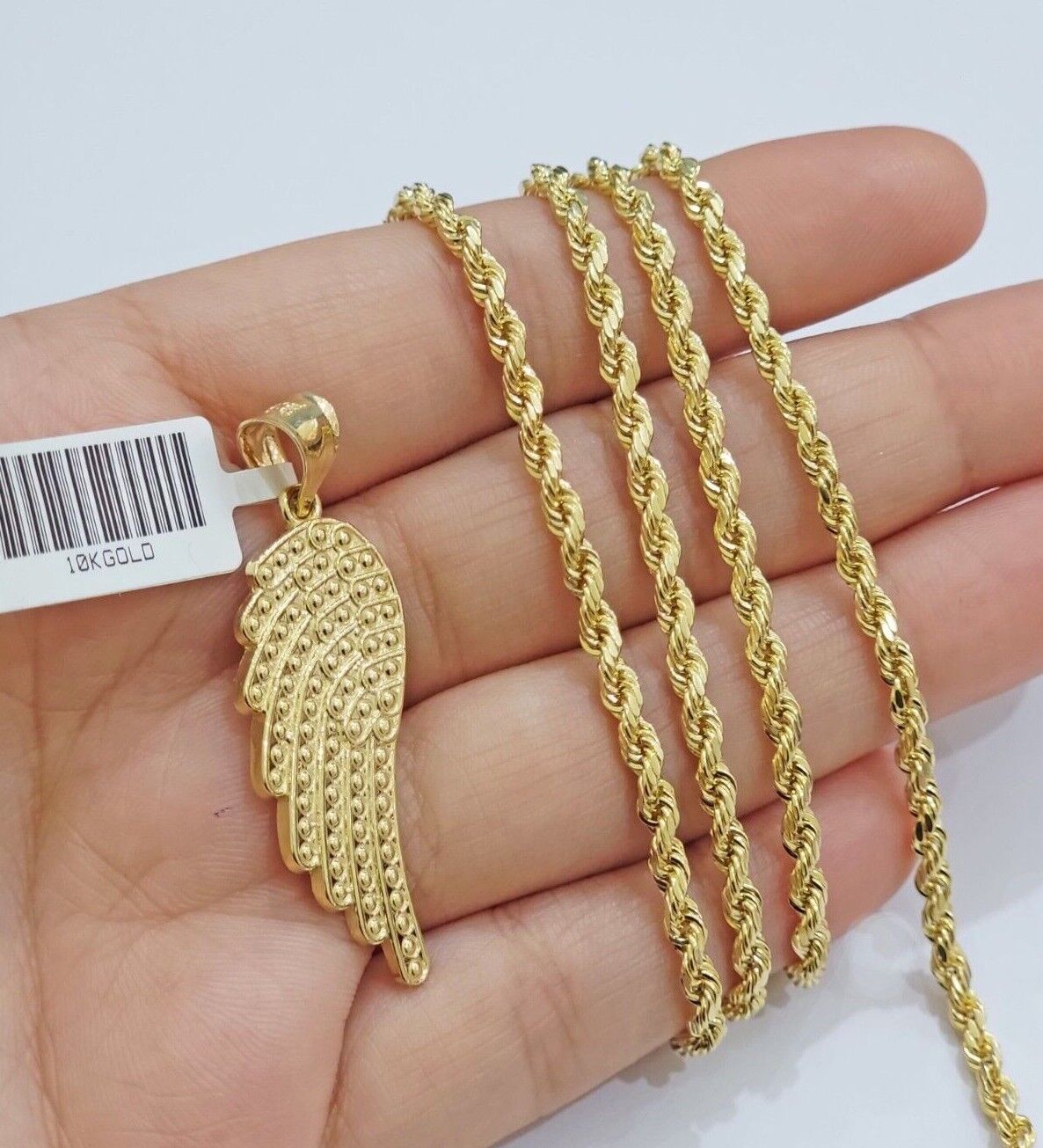 10k Gold Rope Chain Angel Wing Charm Pendant Set 18 - 28'' Inch 3mm Necklace REAL - GoldenlinQ